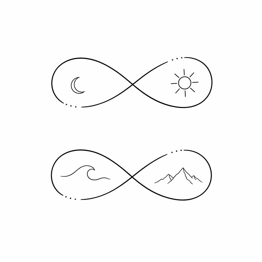 Fineline-Tattooentwurf auf weißem Papier mit passendem Infinity-Motiv für Paare, klare schwarze Linien, minimalistisch