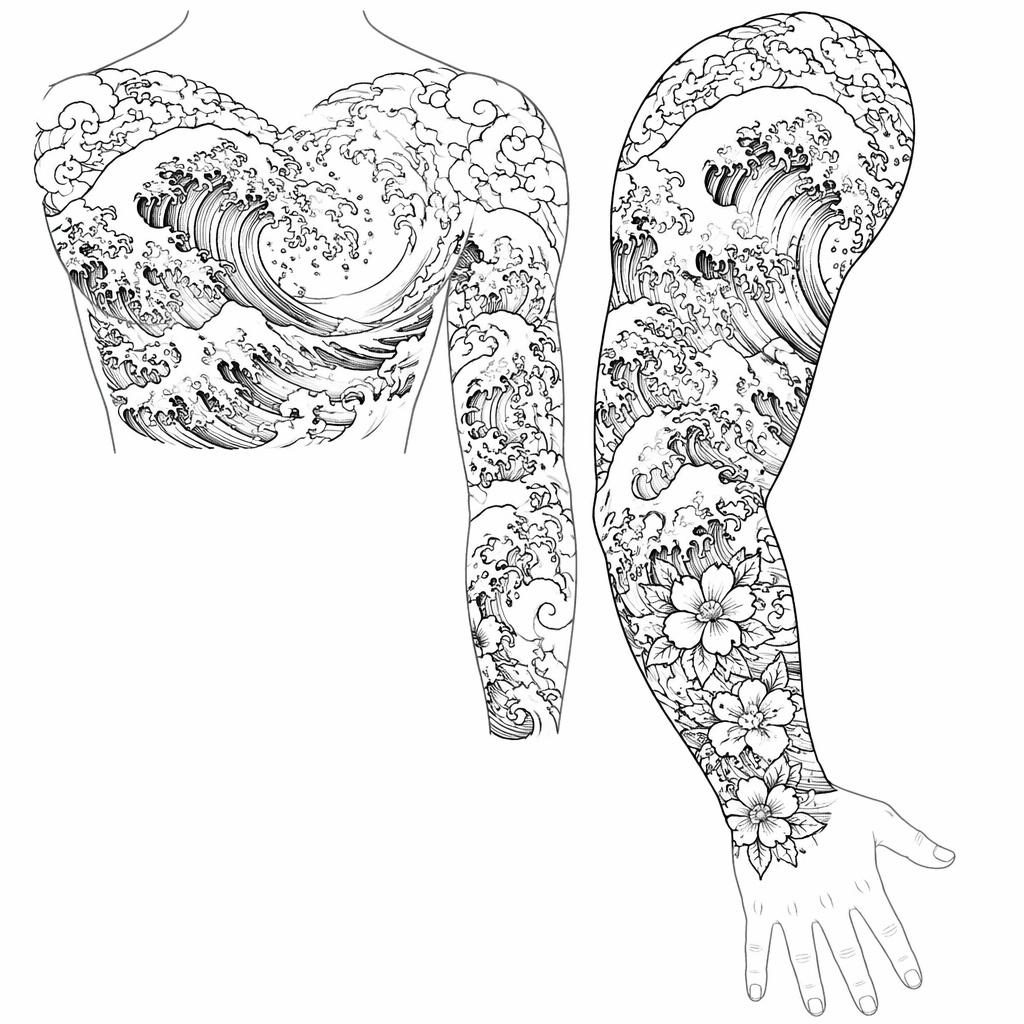 Concept de tatouage vague japonaise en linework sur papier blanc, composition manche complète, traits nets et contrastés.