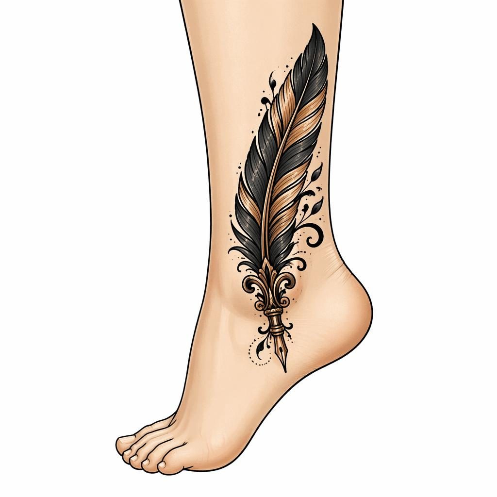 Neo-traditional feather quill tattoo design on white paper, clean flash-style linework placed behind an ankle.