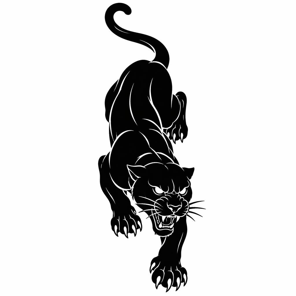 Schwarzes Panther-Tattoo-Design als klare Linework-Skizze auf weißem Papier, kontrastreich und ohne Schattierungsverlauf.