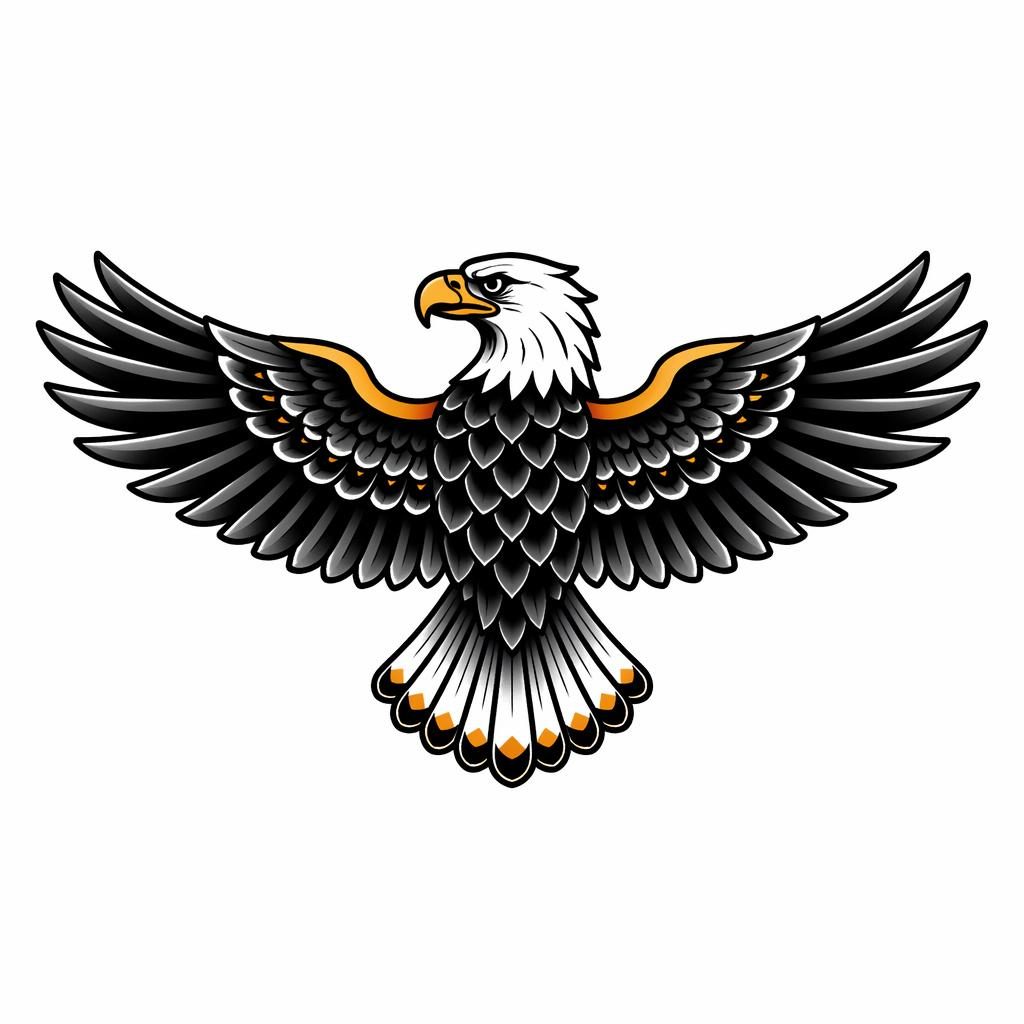 Neo-traditionelles Adler-Rückenmotiv als Tattoo-Flash auf weißem Papier, klare Linien, hoher Kontrast, klein