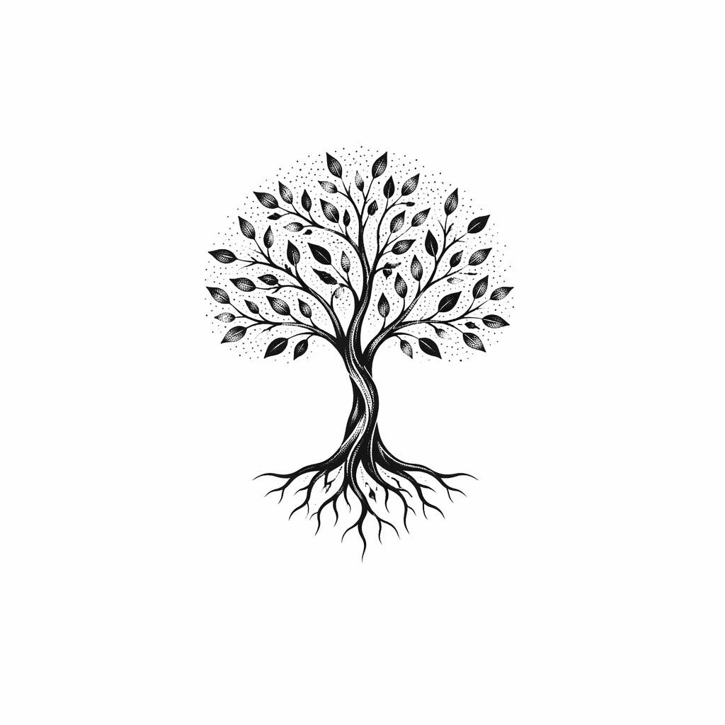 Tattoo-Design auf weißem Papier: kleiner schwarzer Dotwork-Baum im Blackwork-Stil, klare Linien, hoher Kontrast