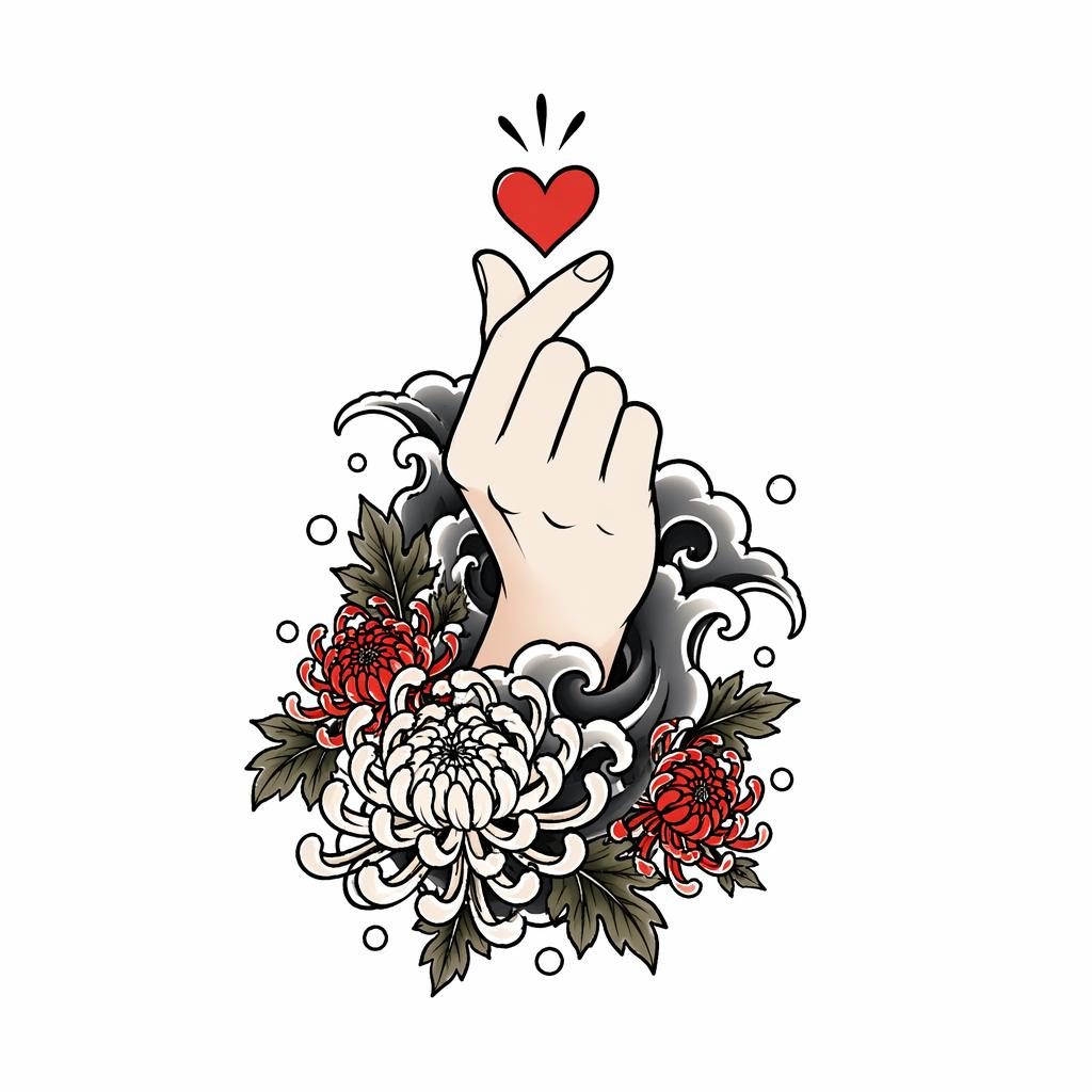 Tattoo-Design auf weißem Papier: kleiner Herz-Finger im japanischen Irezumi-Stil, klare Linien, hoher Kontrast.