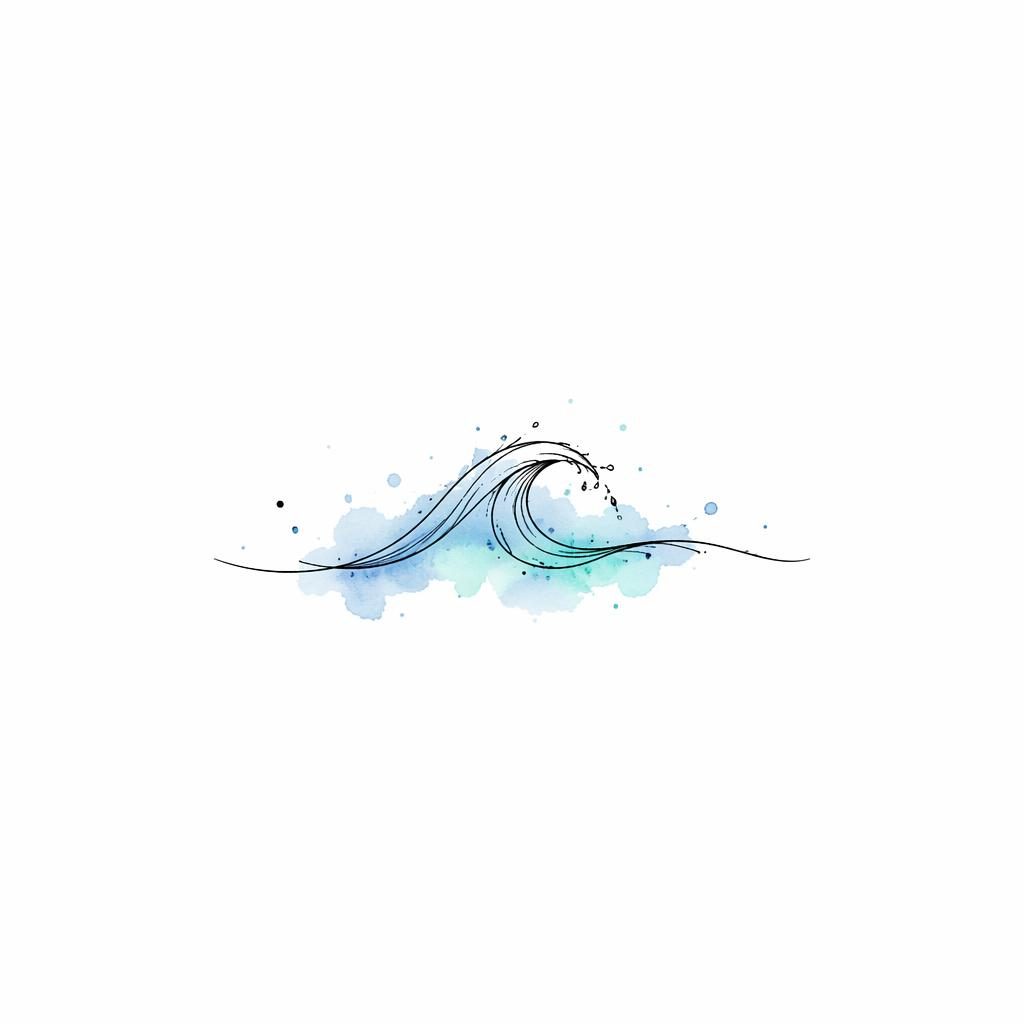 Minimalistische Fineline-Welle mit Aquarellspritzern auf weißem Papier, klare Linien, Flash-Tattoo-Design.