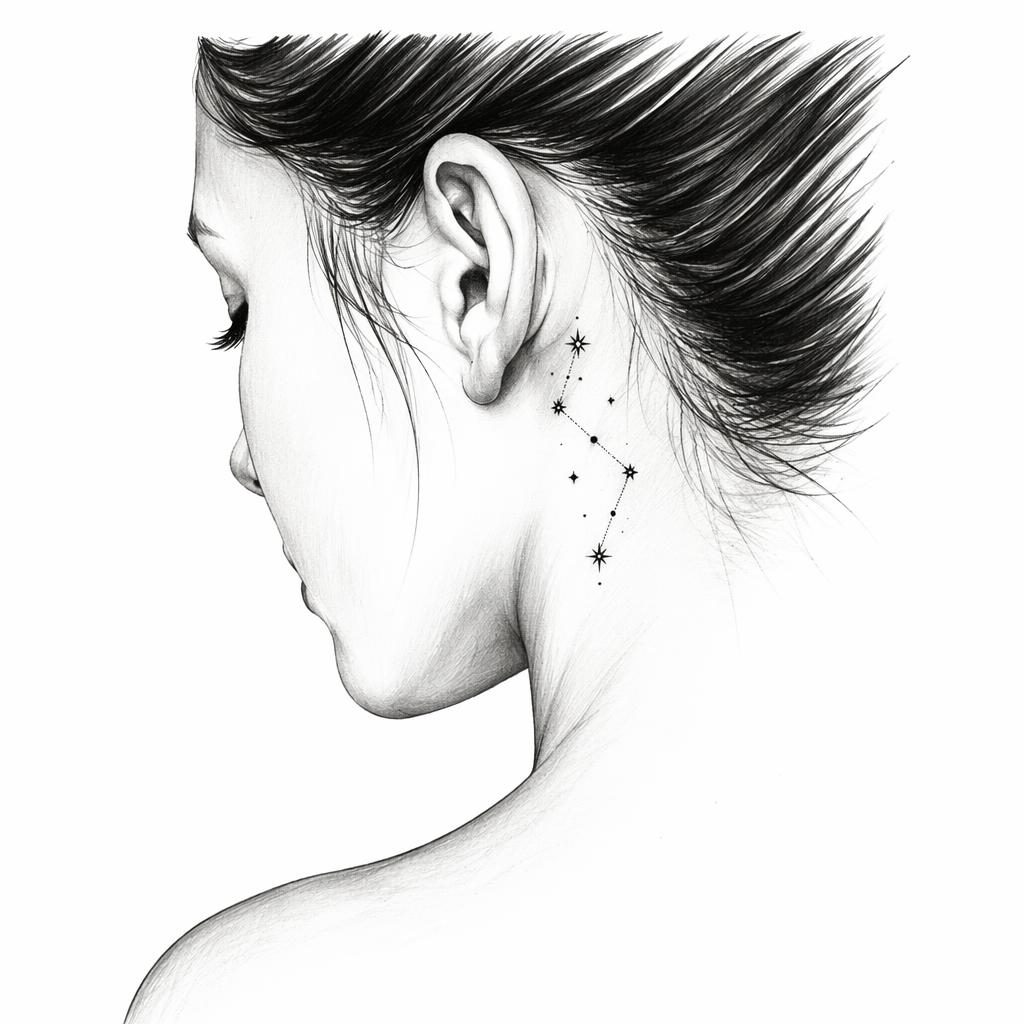 Diseño de tatuaje de constelación pequeña en papel blanco, líneas nítidas, alto contraste y estilo flash limpio