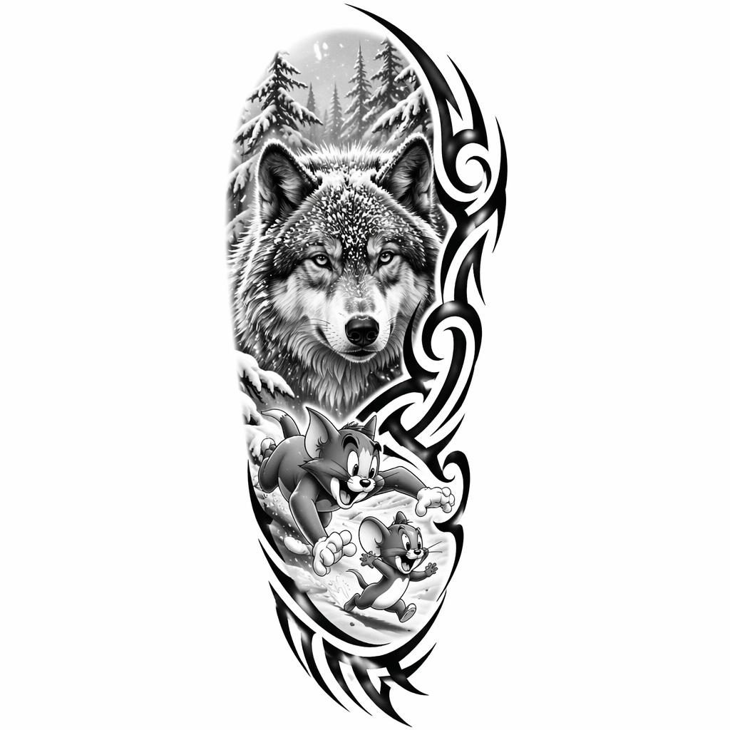 Tribal-style wolf tattoo design on white paper, showing a realistic wolf in snow with sharp black lines and flash-sheet layout.
