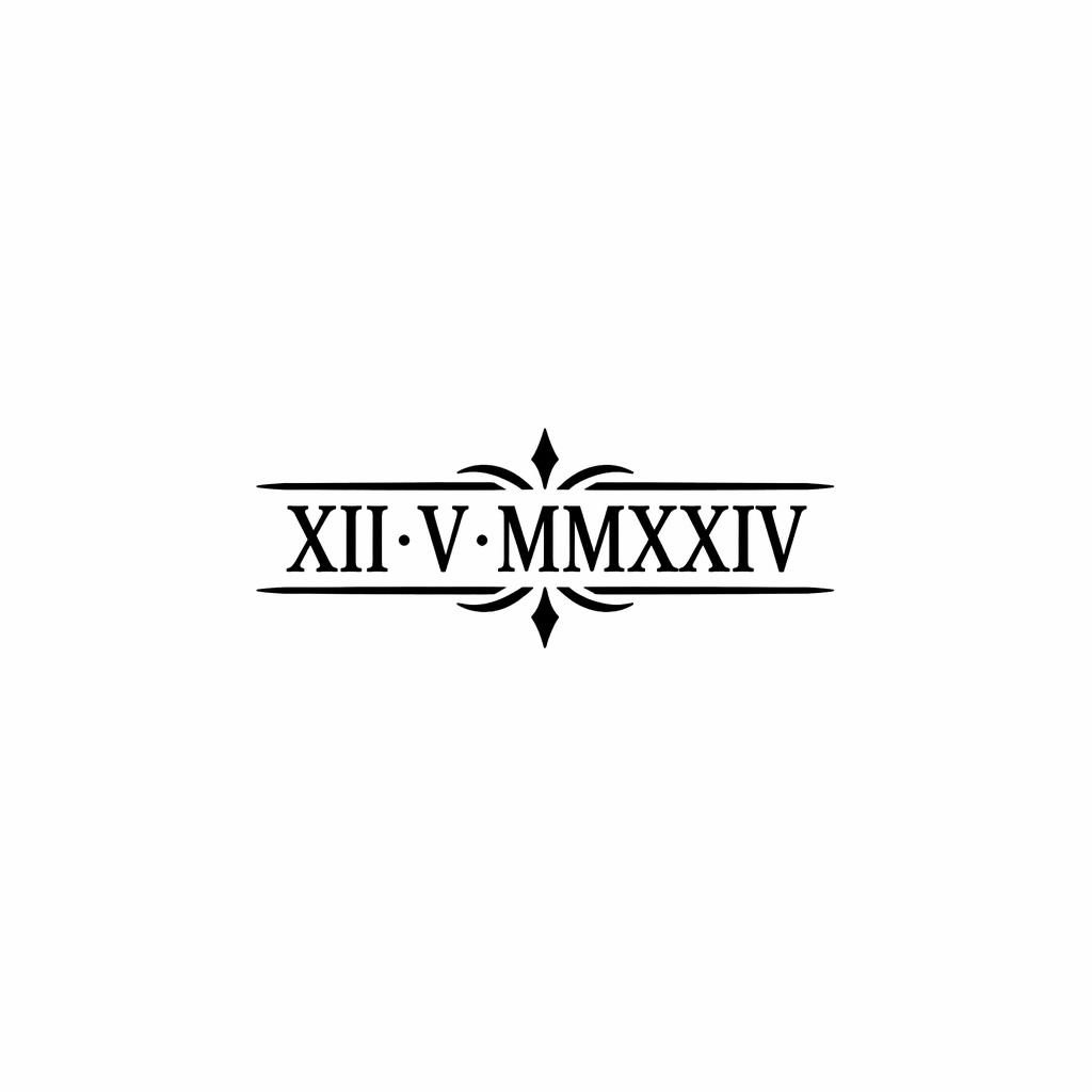 Blackwork tattoo flash concept of a tiny roman numerals wrist date on white paper, with bold sharp lines on a plain white background.