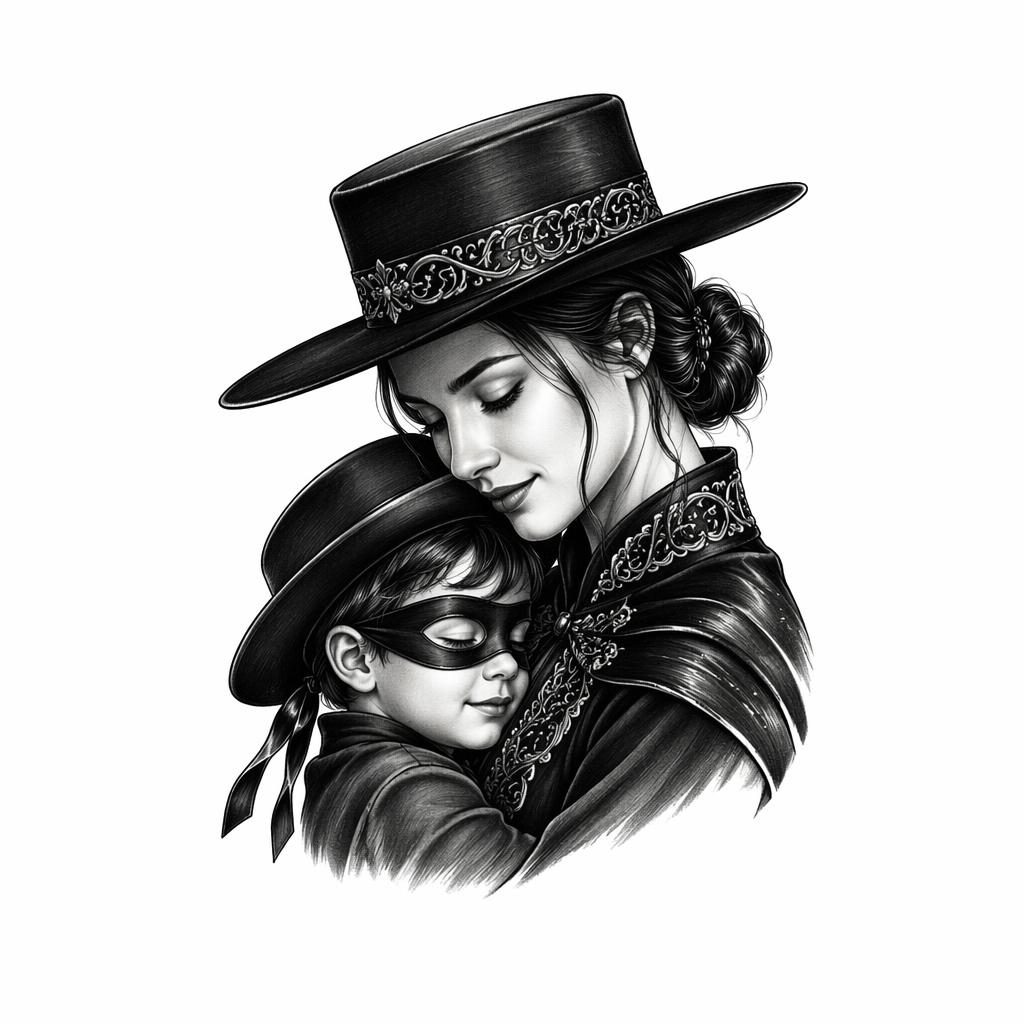Diseño de tatuaje estilo flash sobre papel blanco con retrato realista de madre e hijo, líneas nítidas y alto contraste.