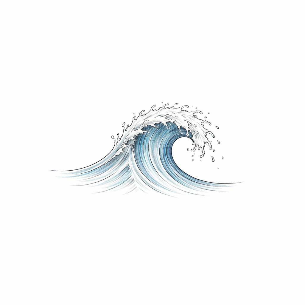 Minimalist fineline wave tattoo design on white paper, clean high-contrast flash-sheet illustration with sharp lines.