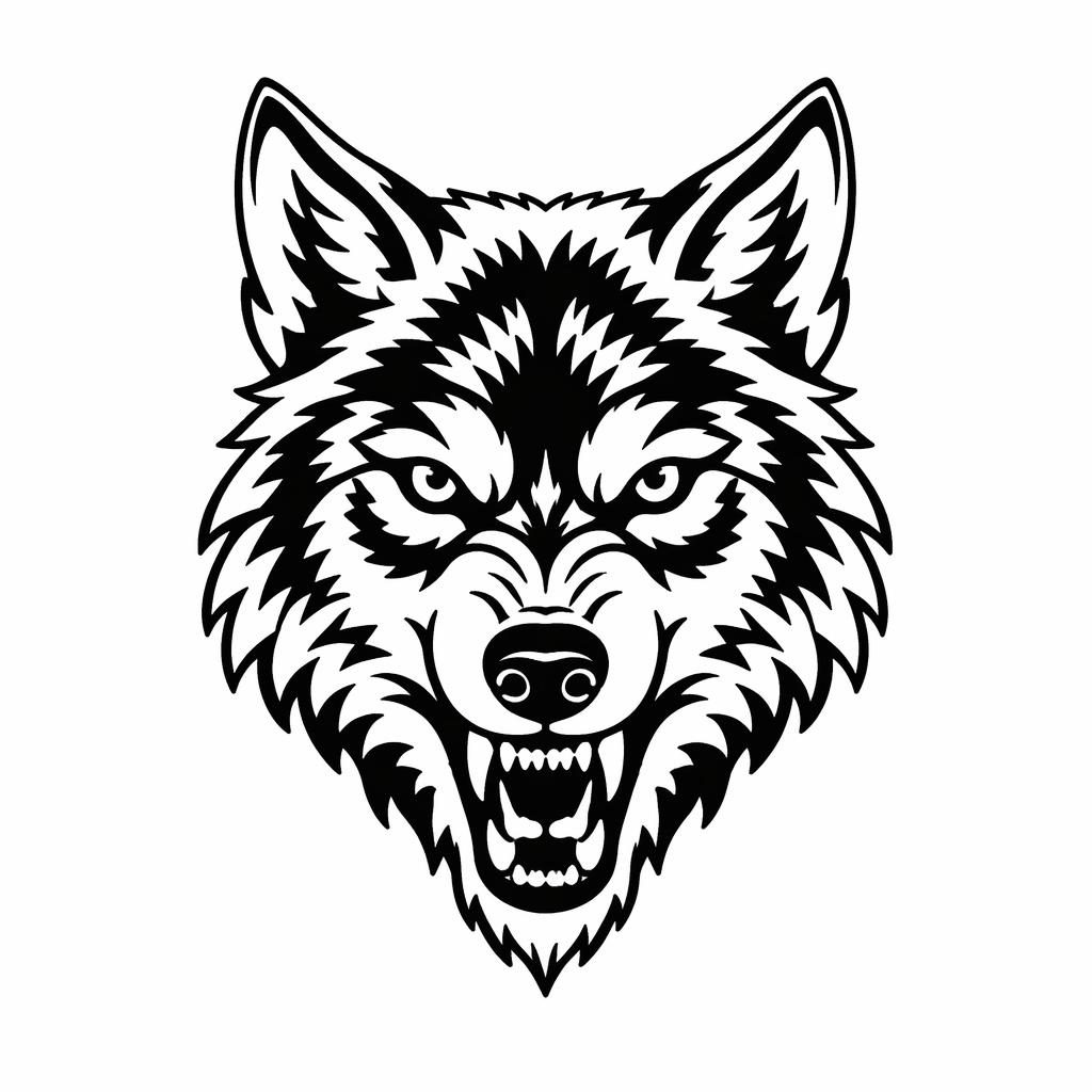 Blackwork tattoo flash concept of a traditional wolf head tattoo on white paper with bold lines and high contrast.