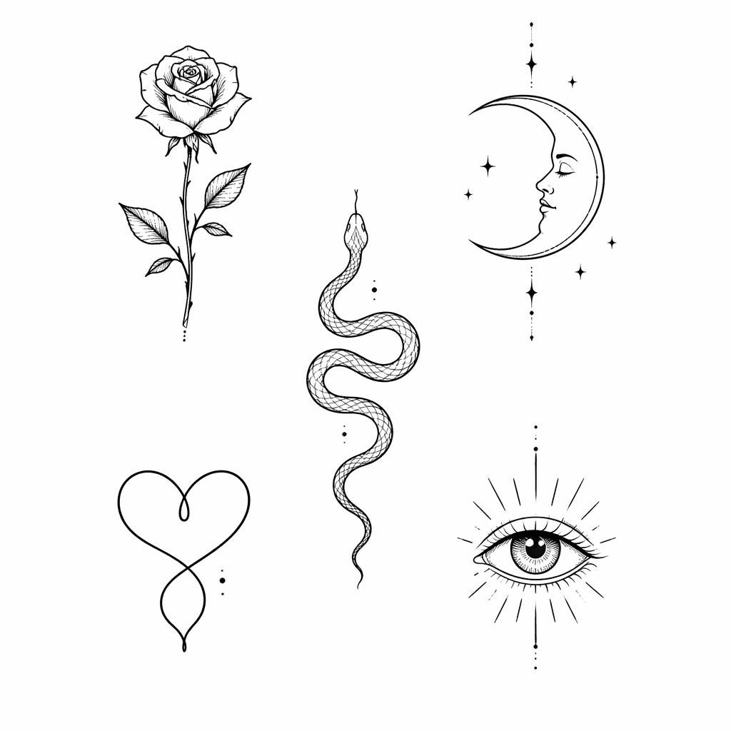 Flash-Sheet auf weißem Papier mit kleiner Rose, Halbmond, feiner Schlange, abstractem Herz und minimalistischem Auge