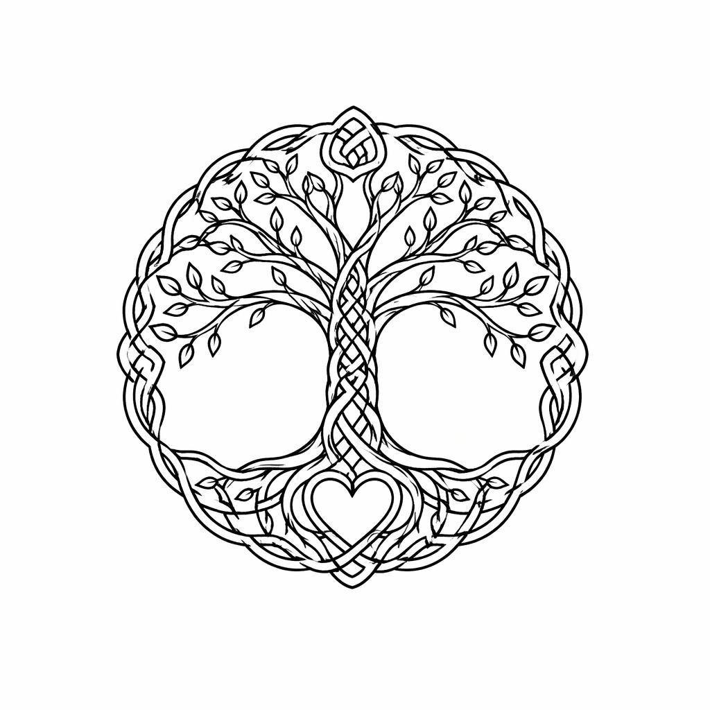 Tiny Celtic tree of life tattoo design on white paper, flash-style line art for upper arm placement