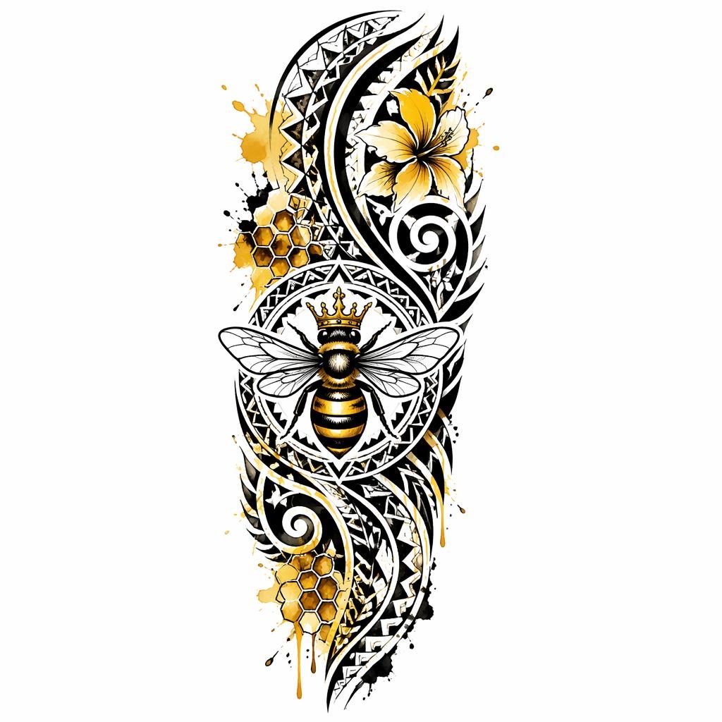 Tattoo flash concept on white paper showing a small tribal Polynesian upper-arm sleeve with watercolor splash accents.