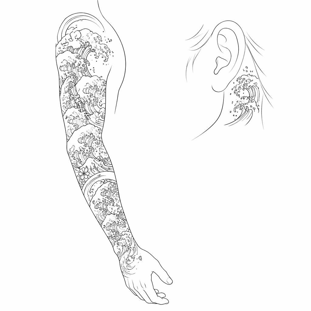 Fineline minimalist Japanese wave tattoo concept drawn on white paper in clean flash-sheet style with sharp black lines.