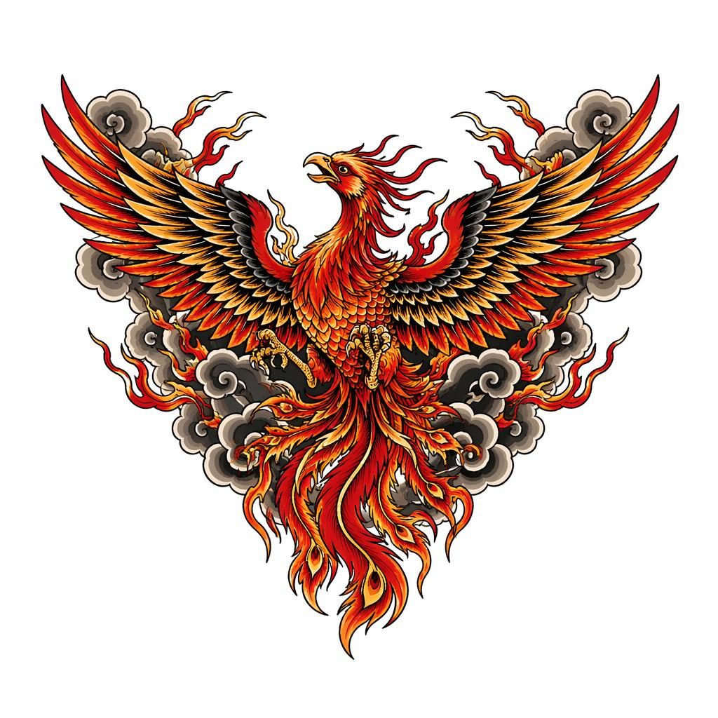 Phoenix-Tattoo-Design im japanischen Irezumi-Stil auf weißem Papier, klare Linien, hoher Kontrast, Flash-Sheet-Optik.