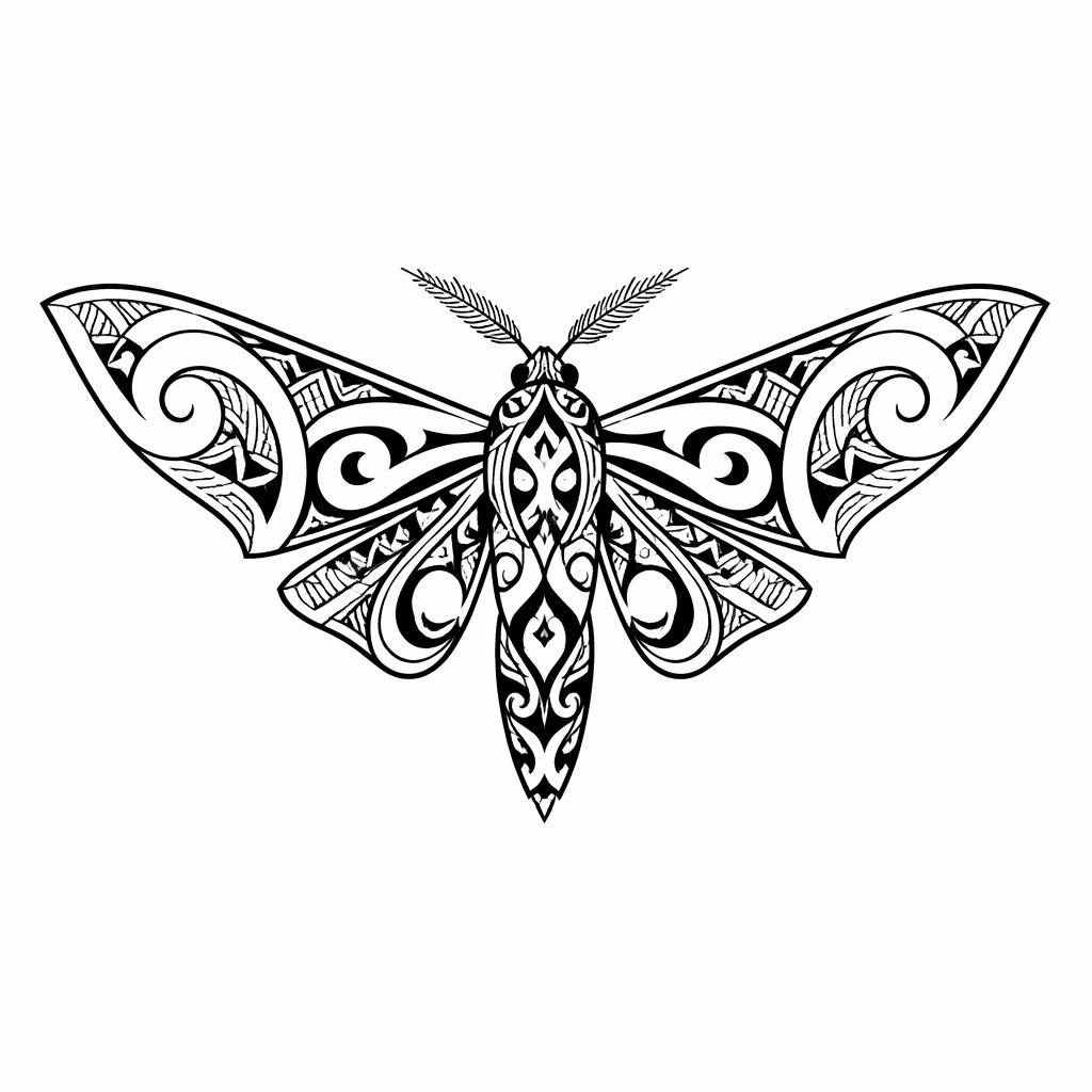 Blackwork moth chest tattoo design on white paper, fineline minimalist style with sharp high-contrast lines.