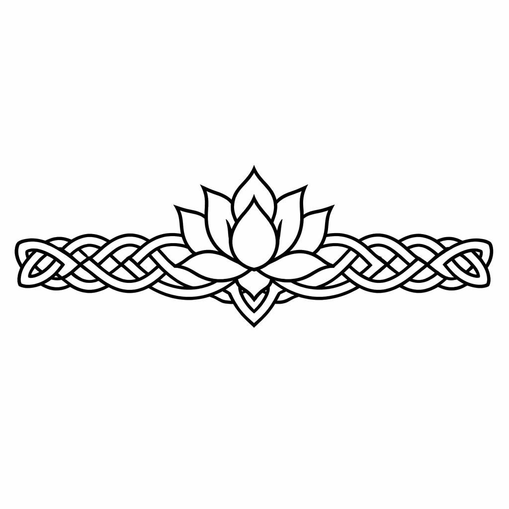 Diseño de tattoo en papel blanco con brazalete de nudo celta en líneas negras, estilo flash limpio y alto contraste.