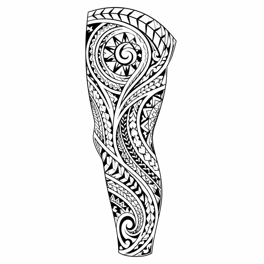 Skizze eines polynesischen Tribal-Sleeves auf weißem Papier, klare Linework, hohe Kontraste, ohne Schattierung.