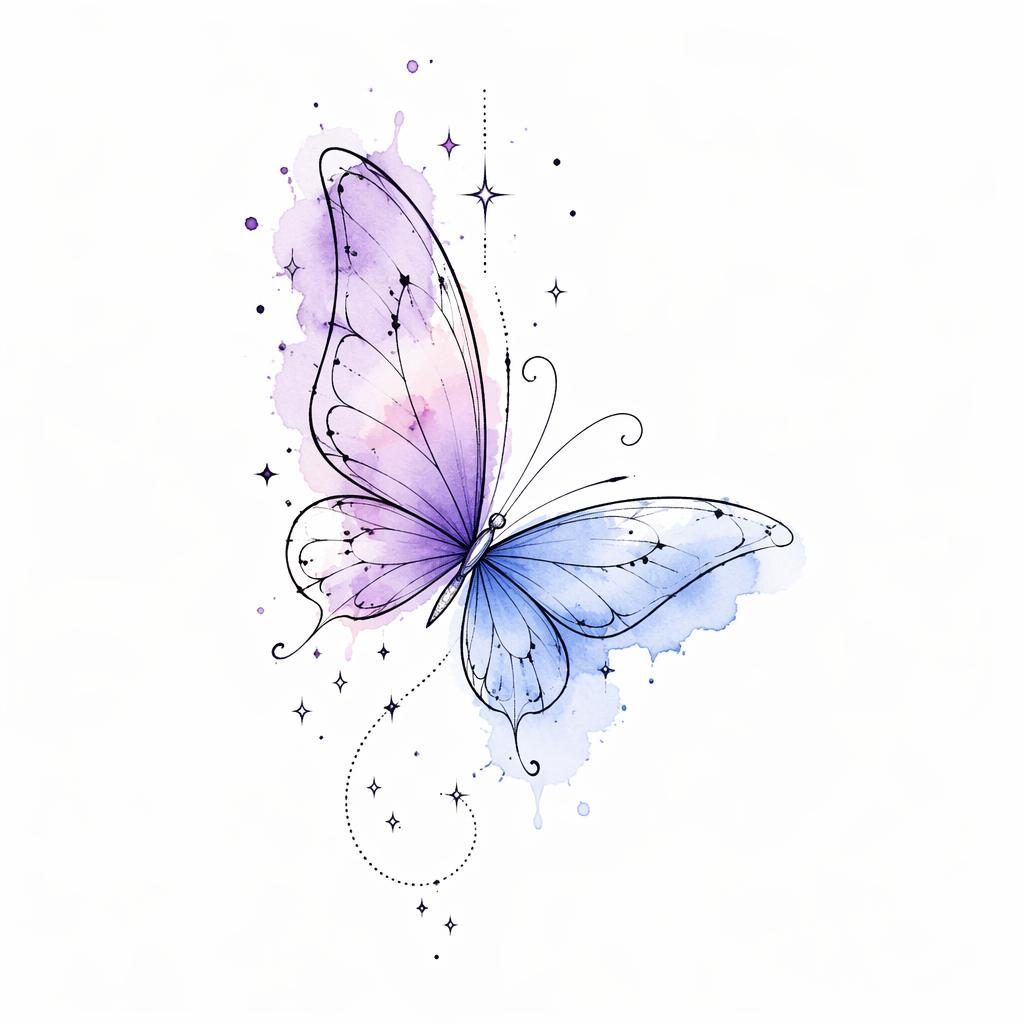 Minimalist fineline butterfly tattoo design on white paper with watercolor splash accents and sharp black lines.