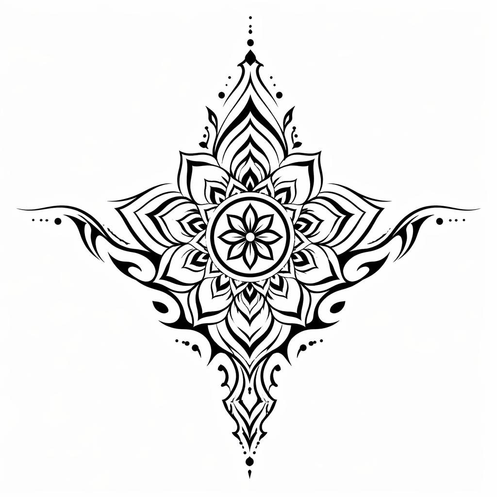 Diseño de tatuaje tribal de estrella pequeña en papel blanco, líneas negras nítidas y estilo flash de alto contraste.