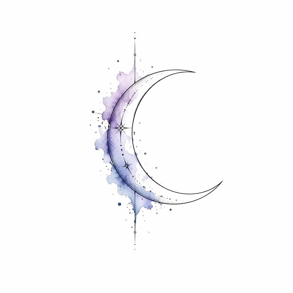 Minimalist fineline crescent moon tattoo design on white paper with watercolor splash accents, clean flash-sheet style.
