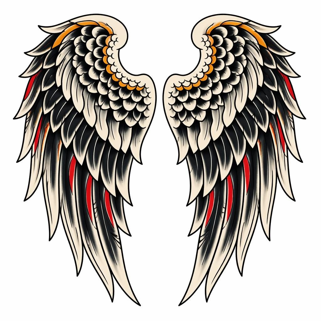 Traditionelles American-Tattoo-Design mit Engelsflügeln auf weißem Papier, kontraststark, klare Linien, Flashsheet-Stil.