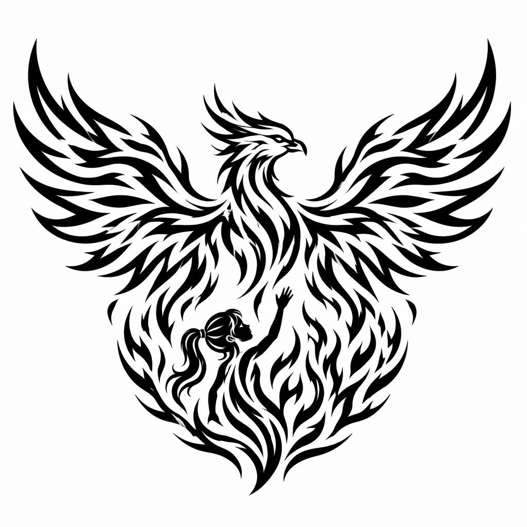 Tribal phoenix rising tattoo design on white paper, clean flash-sheet illustration with sharp black lines for a large chest piece.