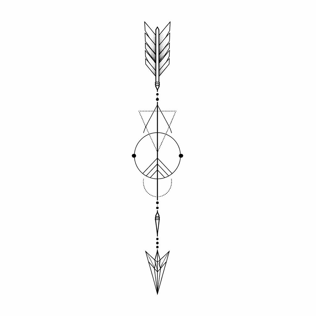 Minimalistisches Fineline-Pfeil-Tattoo auf weißem Papier, geometrisch mit Dotwork, klare schwarze Linien