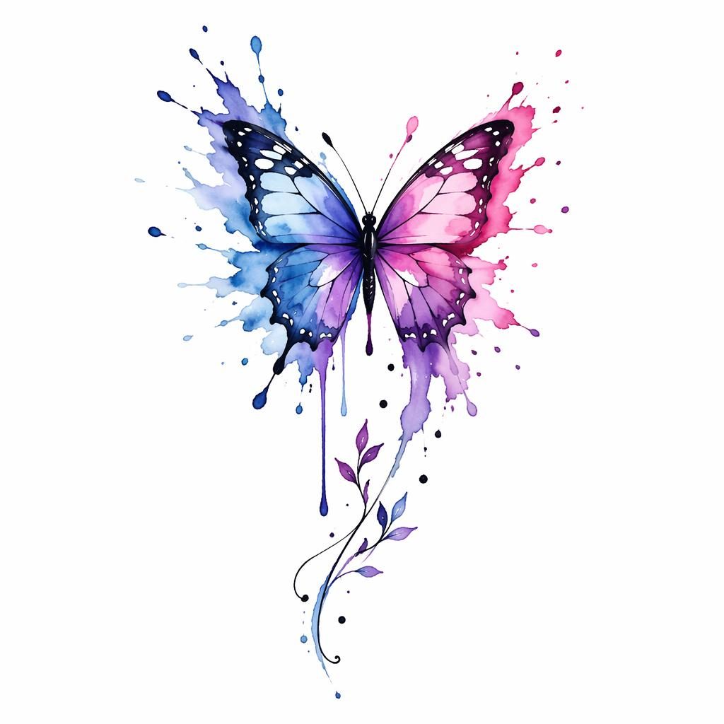 Tattoo design concept on white paper showing a watercolor butterfly splash with sharp outlines in a clean flash-sheet style.