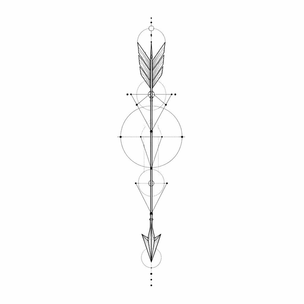 Concept de tatouage sur fond blanc : flèche minimaliste fineline géométrique en dotwork, lignes nettes et contrastées.