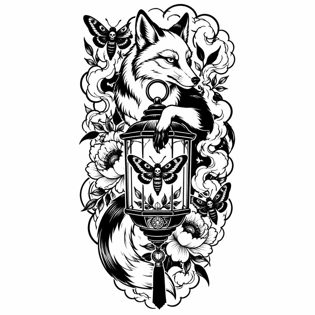 Blackwork tattoo flash concept on white paper showing a neo traditional fox lantern with bold lines and high contrast.
