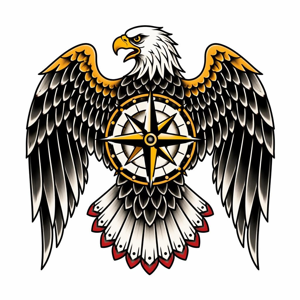 Traditionelles Eagle-Back-Tattoo-Design auf weißem Papier, klare Linien, hoher Kontrast, Flashsheet-Stil.