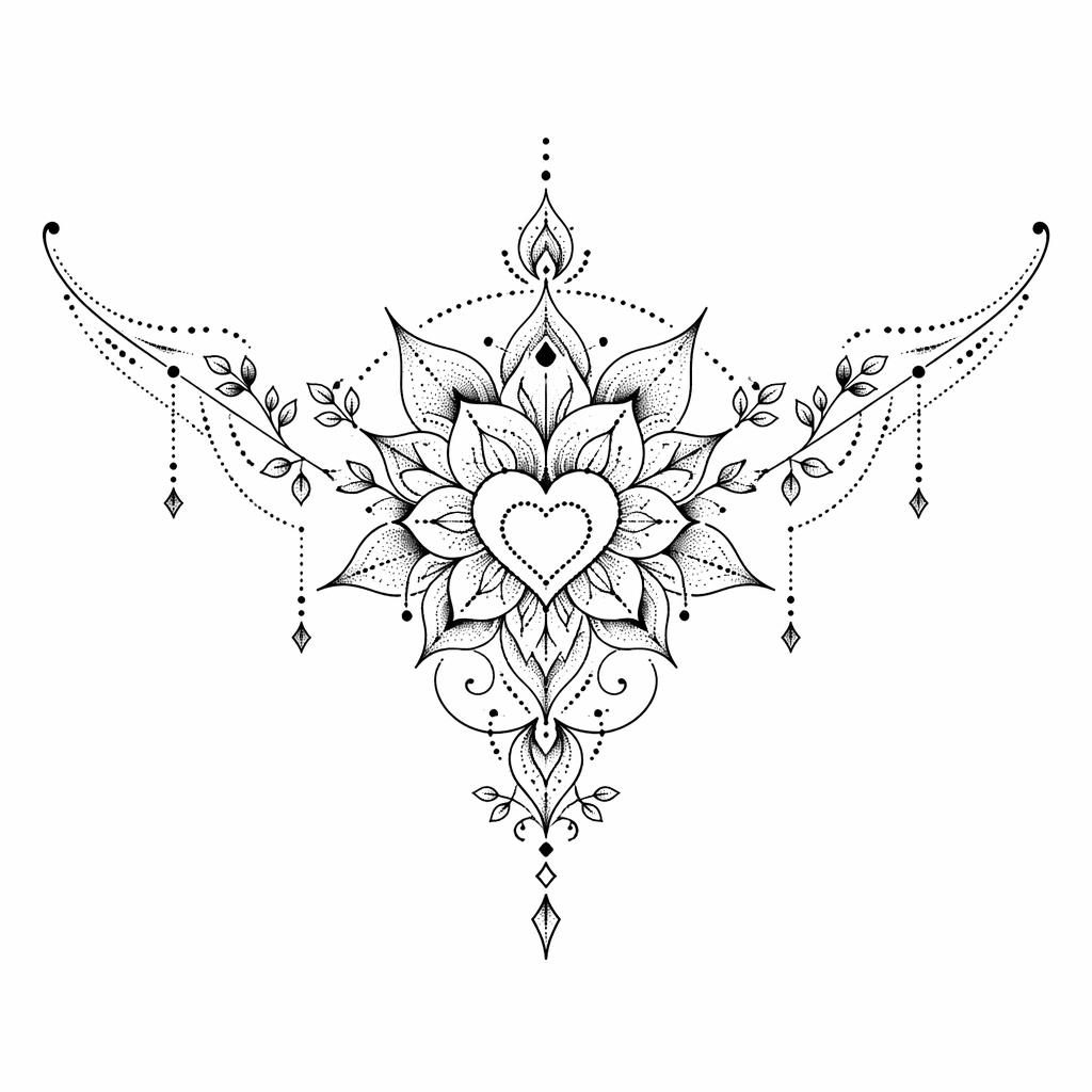 Geometric dotwork mandala chest piece tattoo design on white paper, clean flash-sheet style with sharp black lines.