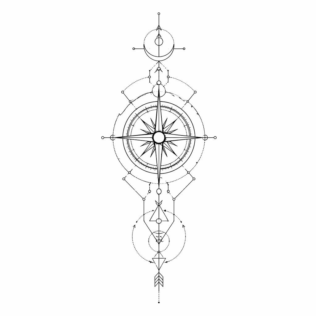 Fineline-Tattooentwurf eines Sacred-Geometry-Kompasses auf weißem Papier, minimalistisch, mit scharfen Linien.