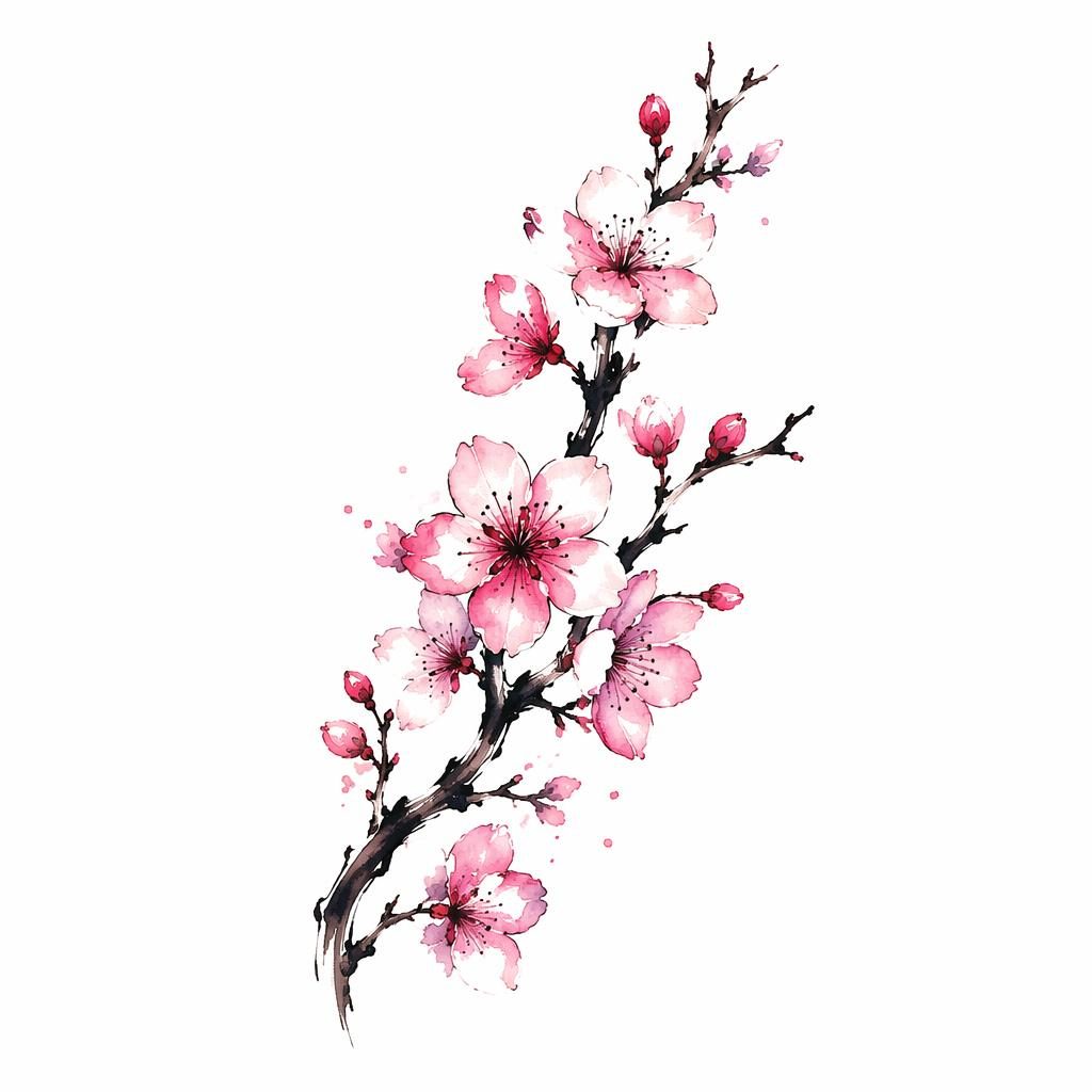 Watercolor cherry blossom branch tattoo design on white paper with sharp script-style linework and clean flash-sheet look.