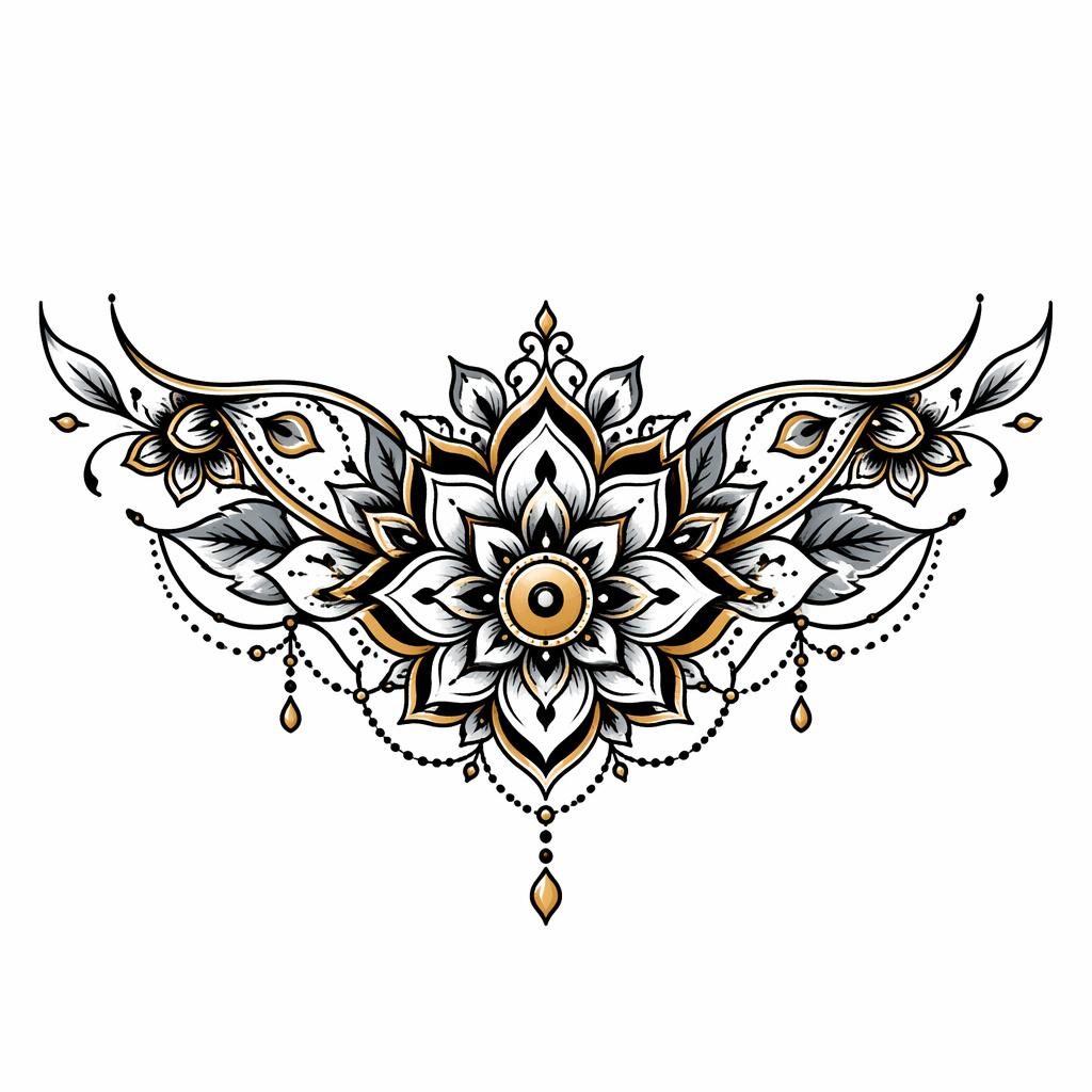 Mandala-Tattoo-Design auf weißem Papier, neo-traditional, klare Linien, hoher Kontrast, Flash-Sheet-Stil