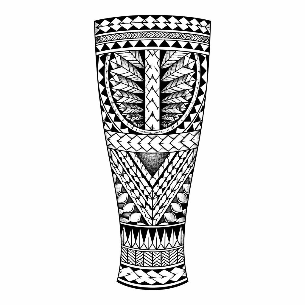 Geometric dotwork Samoan calf wrap tattoo design on white paper, clean flash-sheet illustration with sharp black lines.
