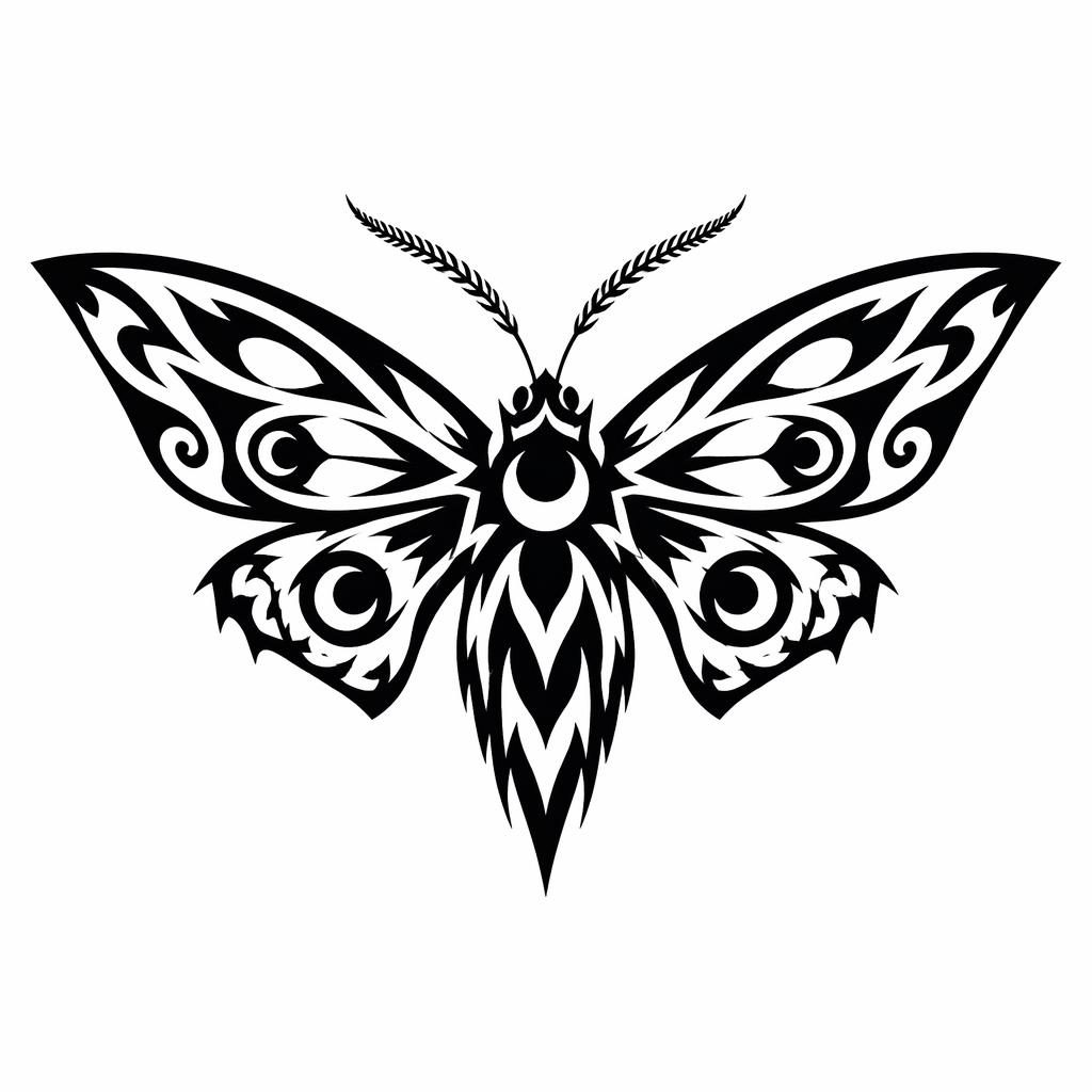 Schwarze Motte im Tribal-Blackwork-Stil als saubere Tattoo-Flash-Zeichnung auf weißem Papier, mit scharfen Linien.