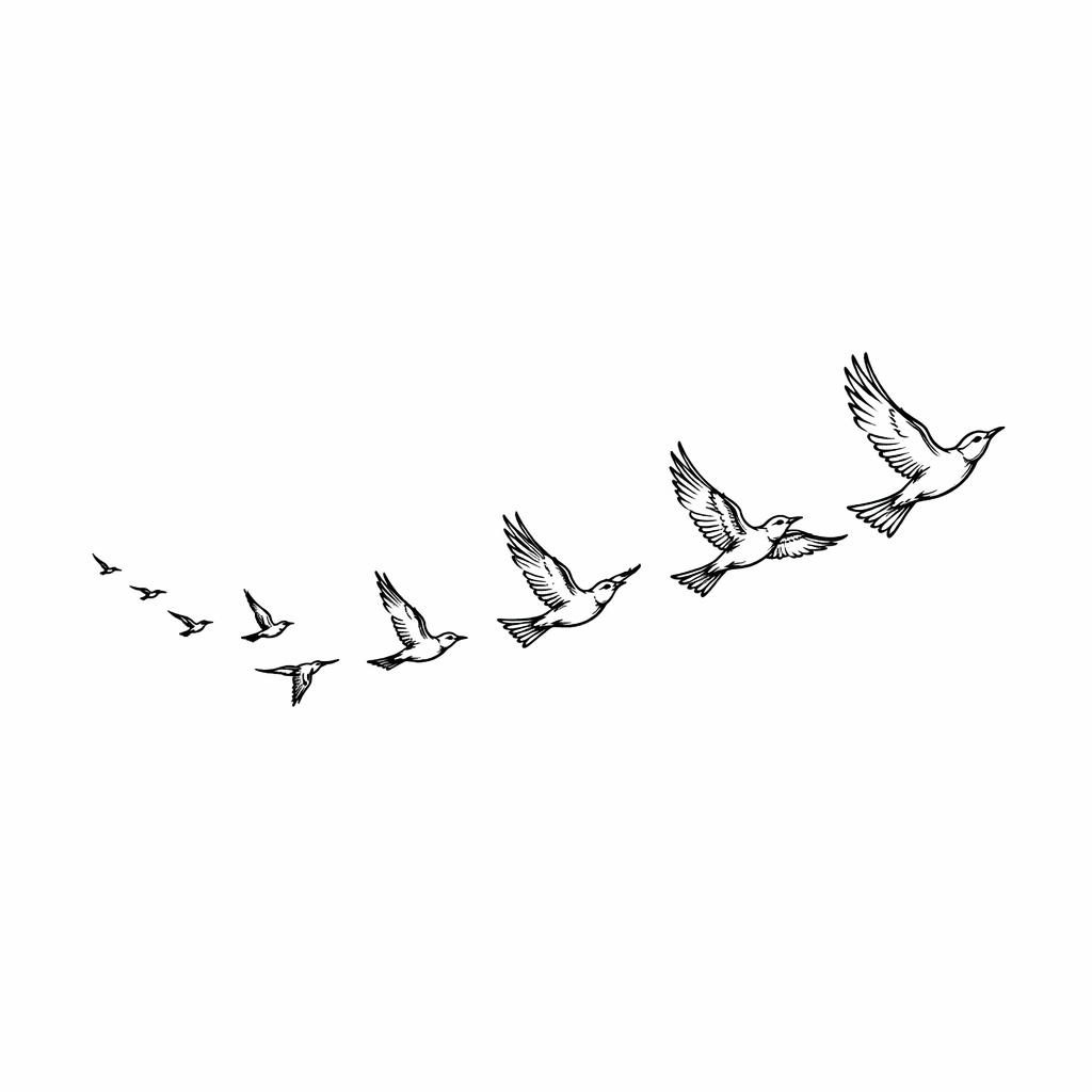 Skizze eines kleinen Vogelschwarms als Tattoo-Vorlage auf weißem Papier, feine Linework fürs Schlüsselbein.