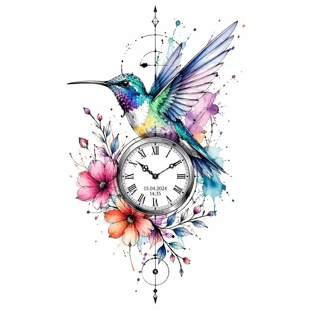 Diseño de tatuaje de colibrí en acuarela sobre papel blanco, con boceto lineal, alto contraste y estilo flash limpio.