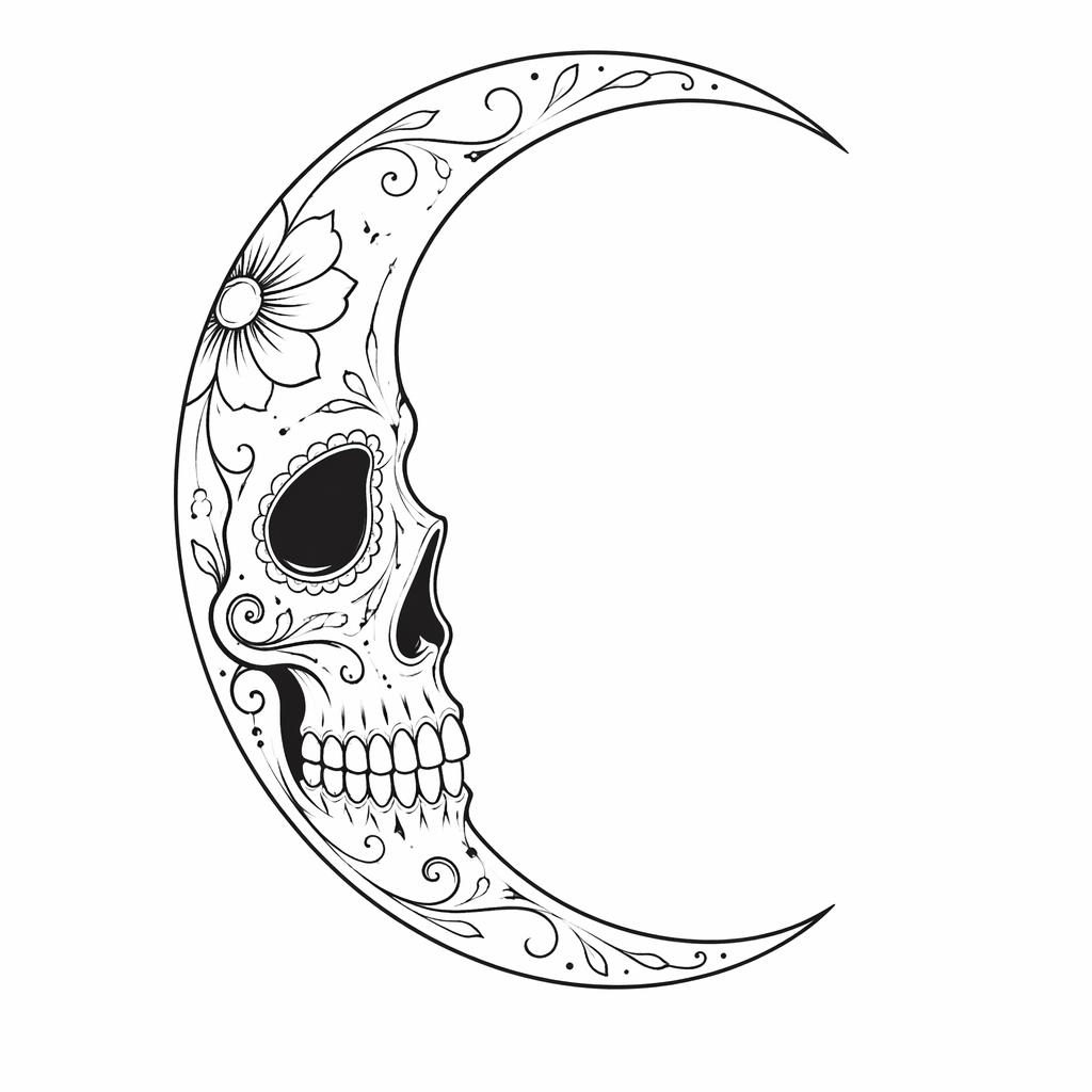 Diseño de tatuaje de luna creciente minimalista en fineline sobre papel blanco, estilo flash limpio y alto contraste.