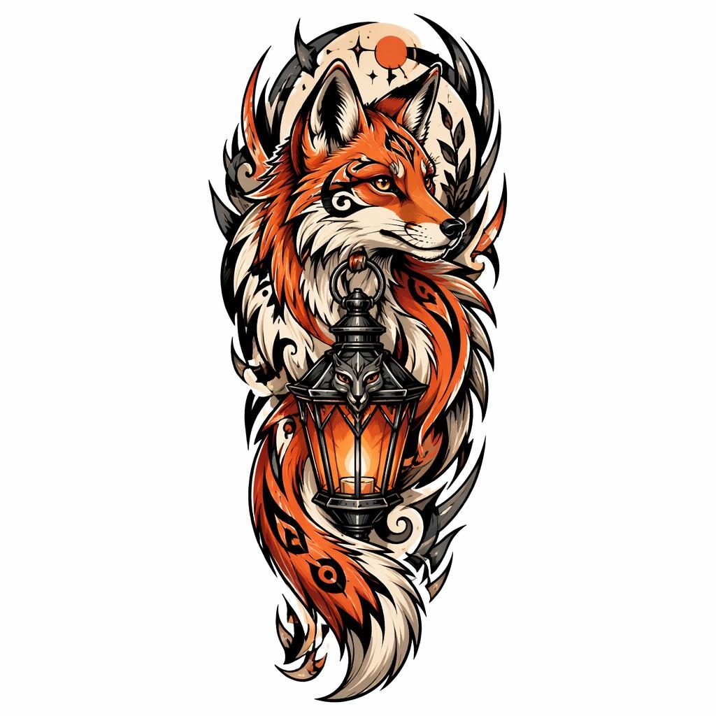 Tattoo-Design auf weißem Papier: neo-traditionelle Fuchs-Laterne im Tribal-Stil, klare Linien, hoher Kontrast.