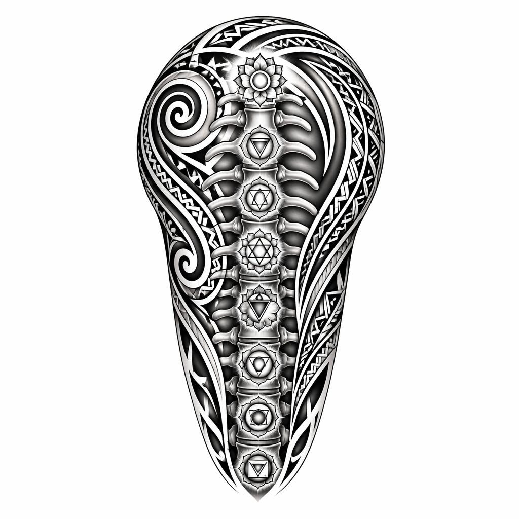 Black ink tattoo flash design on white paper showing a Maori shoulder cap concept with sharp lines and high contrast.
