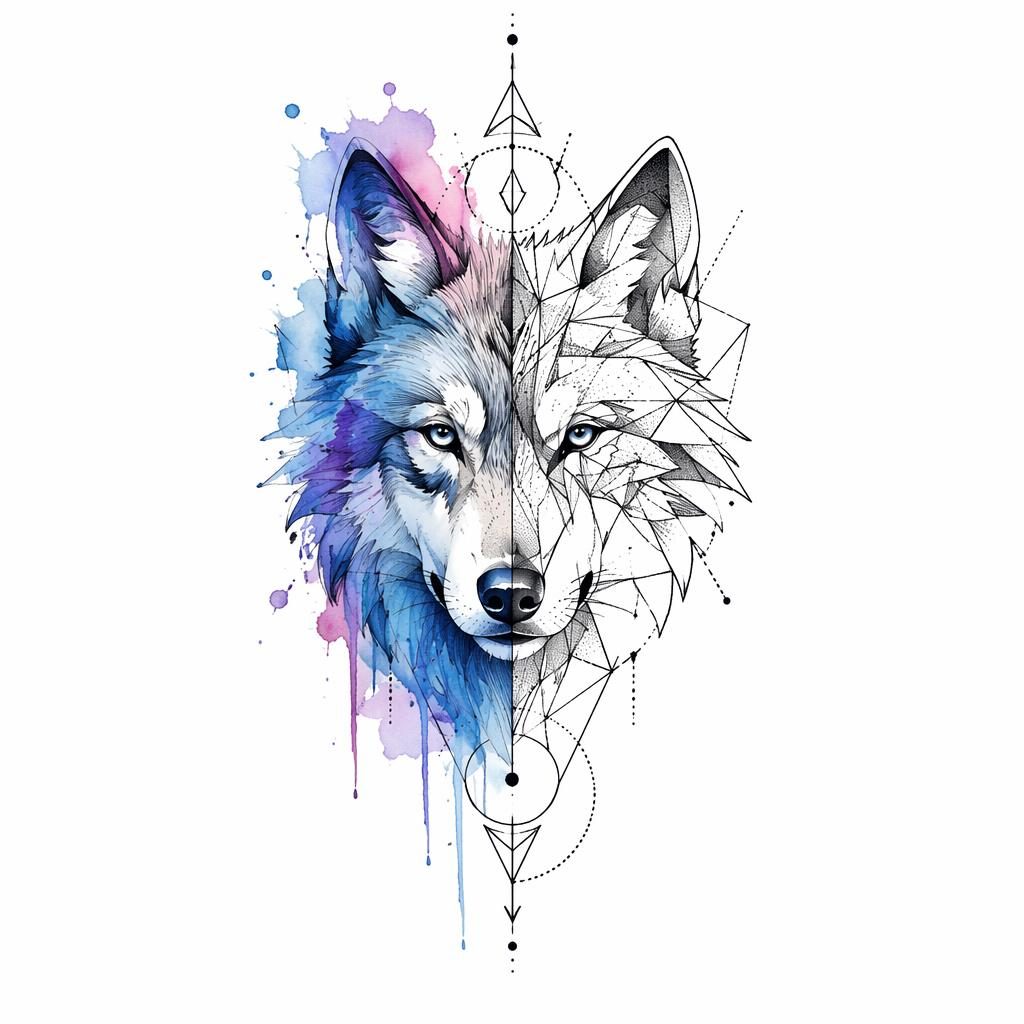Geometric dotwork watercolor wolf face tattoo concept on white paper, clean flash-sheet illustration on plain white background.