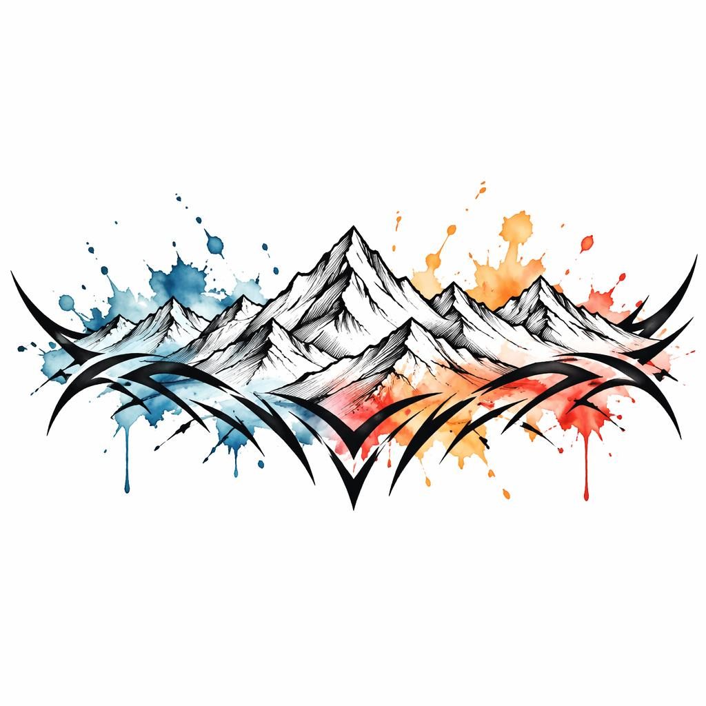 Concept de tatouage sur fond blanc : ligne de montagnes en tracé net avec éclaboussures aquarelle, style flash.