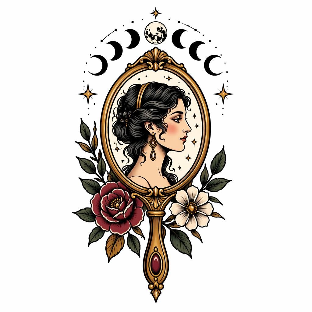 Diseño de tatuaje neo tradicional de espejo Venus sobre papel blanco, líneas negras nítidas y composición limpia tipo flash.