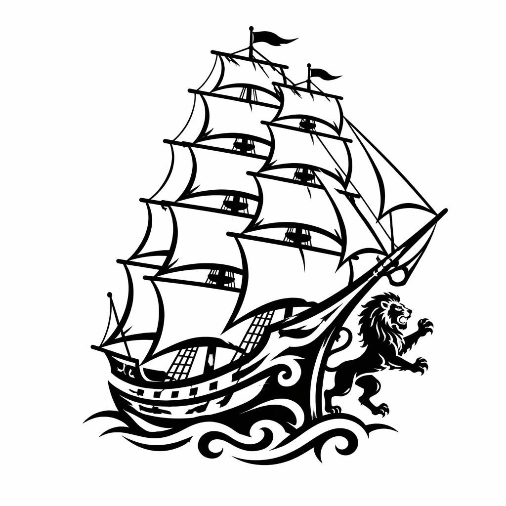 Tribal-Tattoo-Design eines vollgetakelten Segelschiffs auf weißem Papier, klare schwarze Linien, Flashsheet-Stil.