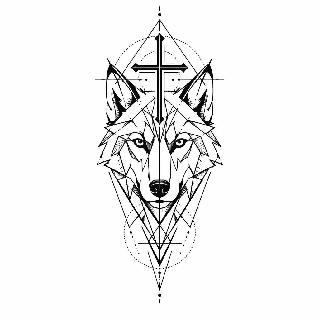 Schwarz-weißer Tattoo-Entwurf eines geometrischen Wolfs mit Kreuz auf weißem Papier, klare Linien, hoher Kontrast.