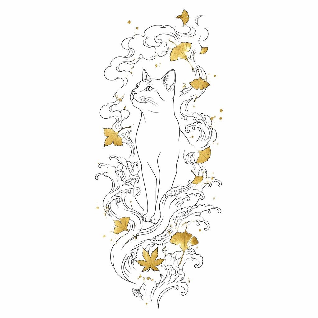 Minimalist fineline cat outline tattoo design on white paper, Japanese irezumi flash-sheet style with sharp black lines.