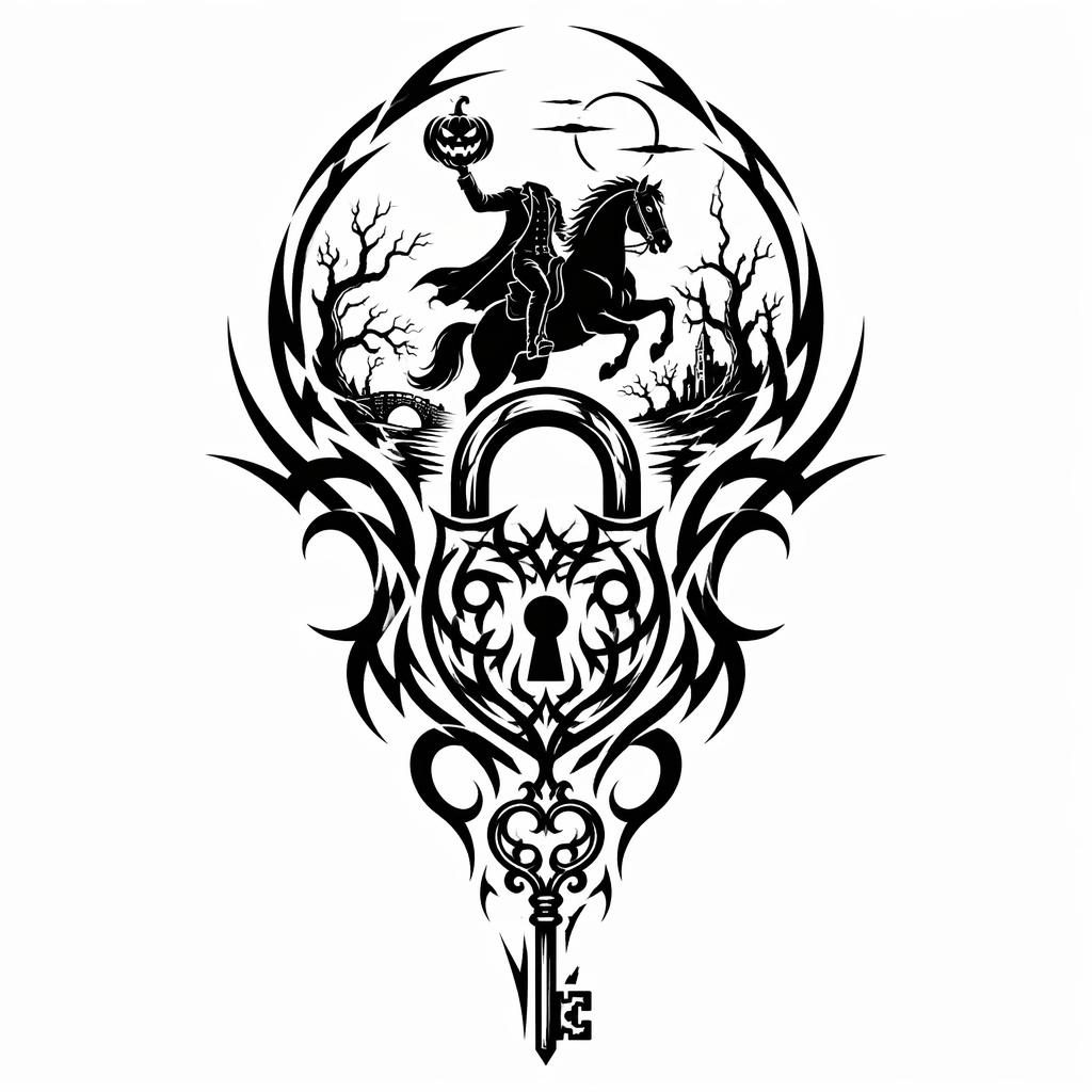 Tribal tattoo flash design of a best friend lock and key on white paper, with bold black lines and clean contrast.